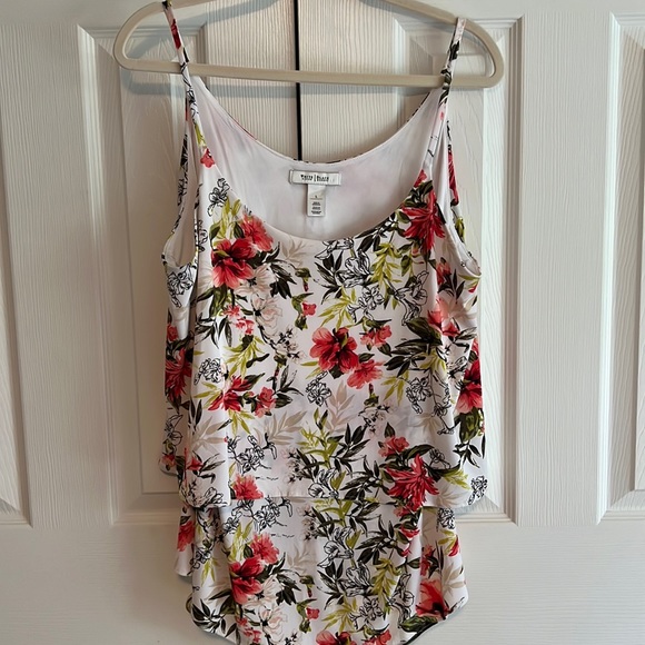 WHBM tank with spaghetti straps. White with black, pink, peach, greens - Picture 1 of 5